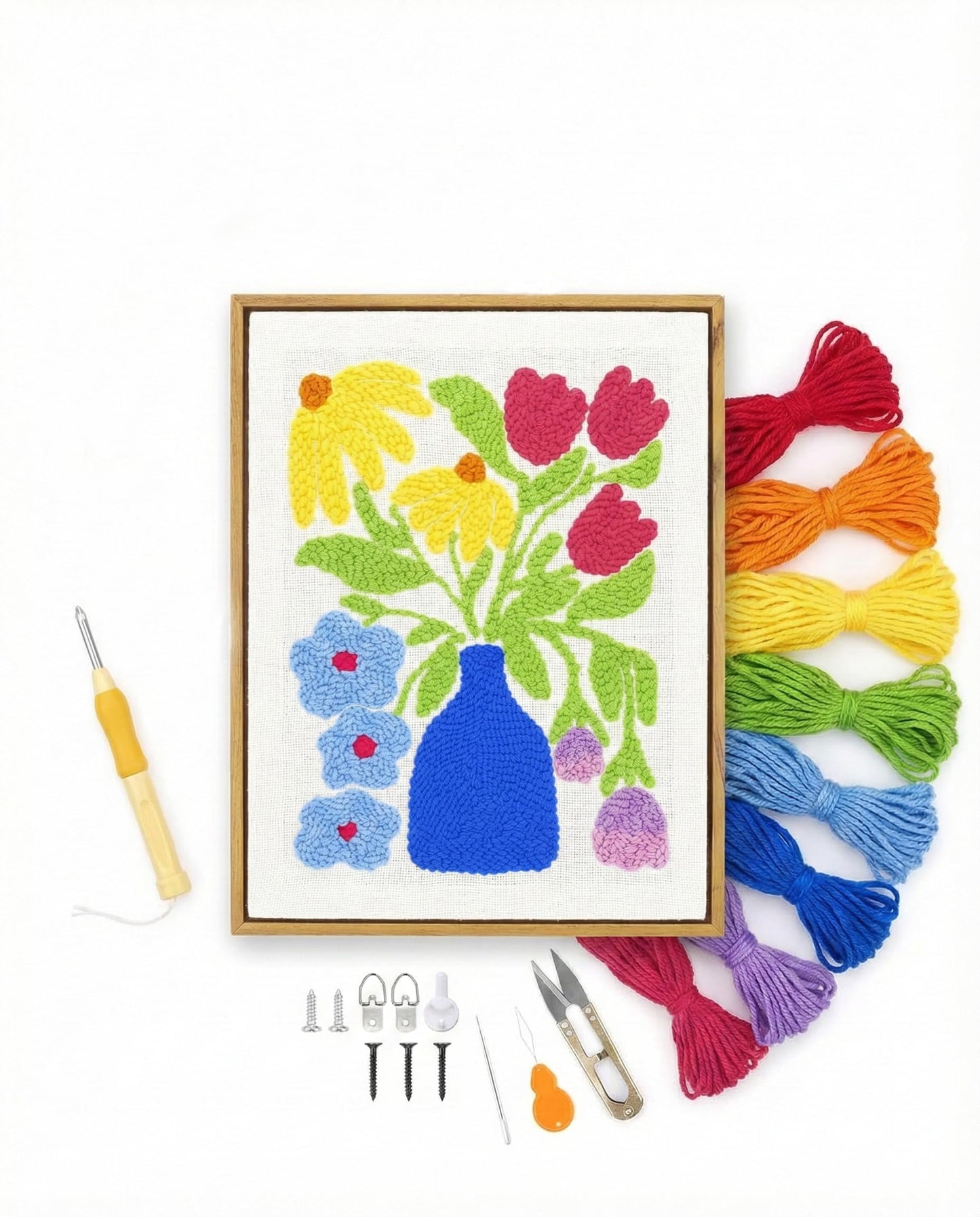 AceList 16" Punch Needle Kit with Wood Display Frame for Adults Beginners, Complete Rug Hooking Set with Adjustable Hoop, 30% Extra Yarn & Pattern Fabric, DIY Home Wall Decor Gift (Flower Vase)