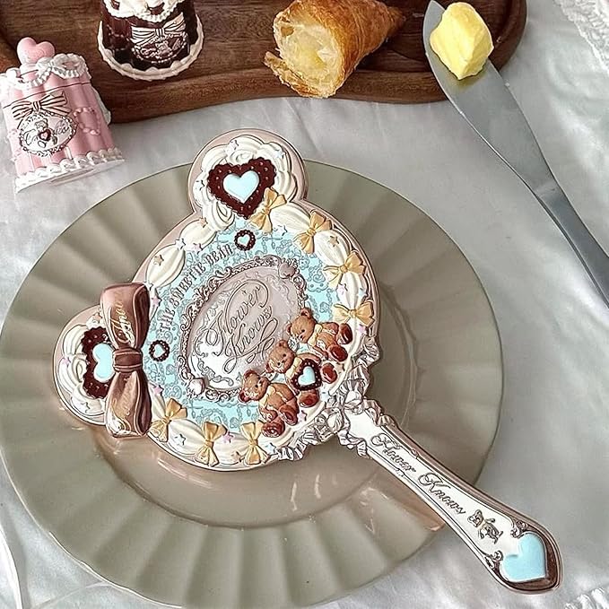 Flower Knows The Sweetie Bear Hand Mirror,Vintage Portable Handheld Mirror,Fancy & Pretty Princess Mirror with Long Handle,Gift for Girls(Minty Blue)