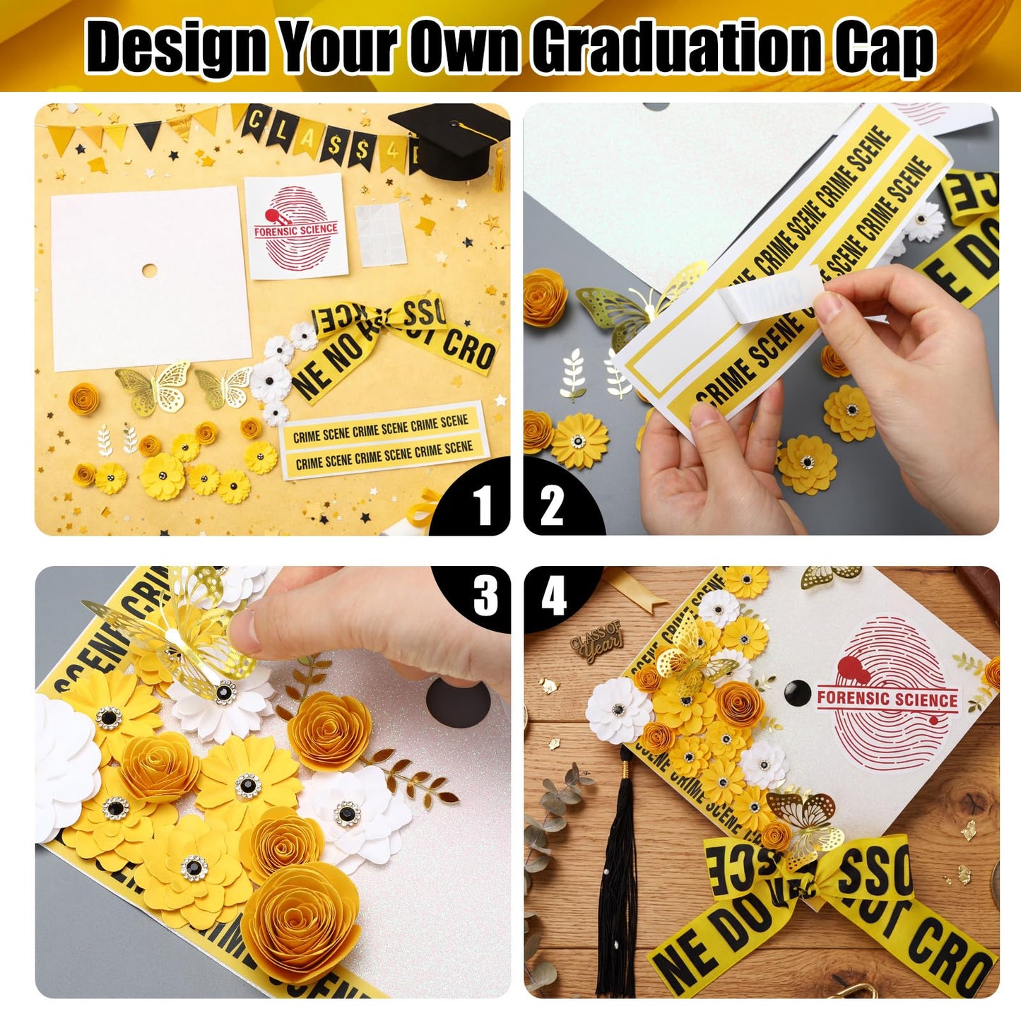 Gersoniel Criminal Justice Graduation Decorations Glitter Grad Cap Topper Graduation DIY Accessory Kit Included Paper Flowers Crime Scene Printed Bow Scale Sticker for Hat(Stylish)