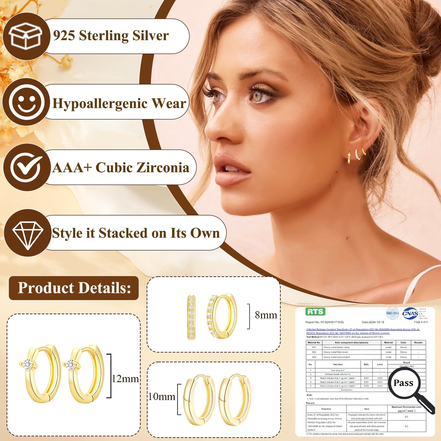 DORANA 3 Pair Small Gold Hoop Earrings Set for Women 925 Sterling Silver Huggie Earrings Non Tarnish Small Cartilage Hoops Stackable Earring Stacks Sets for Multiple Piercing