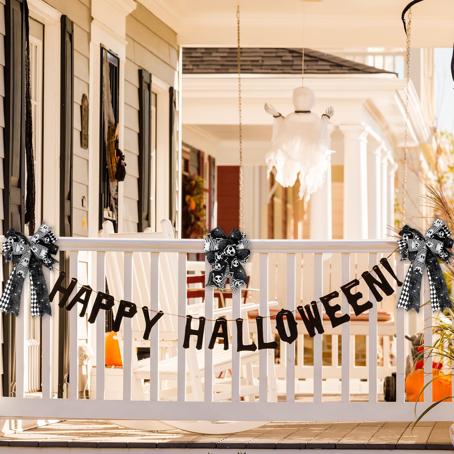 JarThenaAMCS 5 Roll Halloween Wired Edge Ribbon - 2.5 Inch, 30 Yards Ghost Skeleton Spider Web - White & Black Spooky Gift Wrap Ribbon for Bow, Wreath, Craft & Party Decor