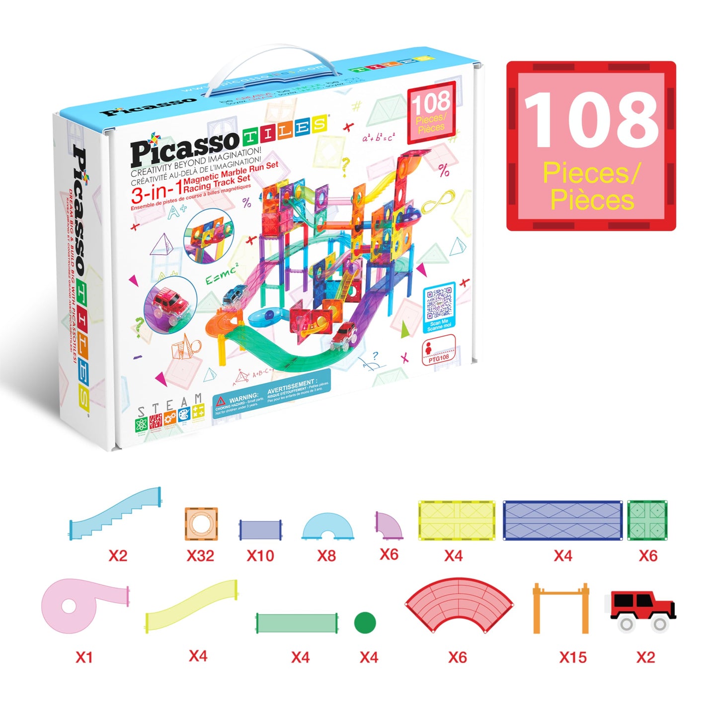 PicassoTiles 108pc Magnetic Marble Run Set with Building Tiles Race Track Car Slides Set STEM Learning Toy 3-in-1 Preschool Construction Kit for Indoor Activity and Development for Kids age 3+ PTG108
