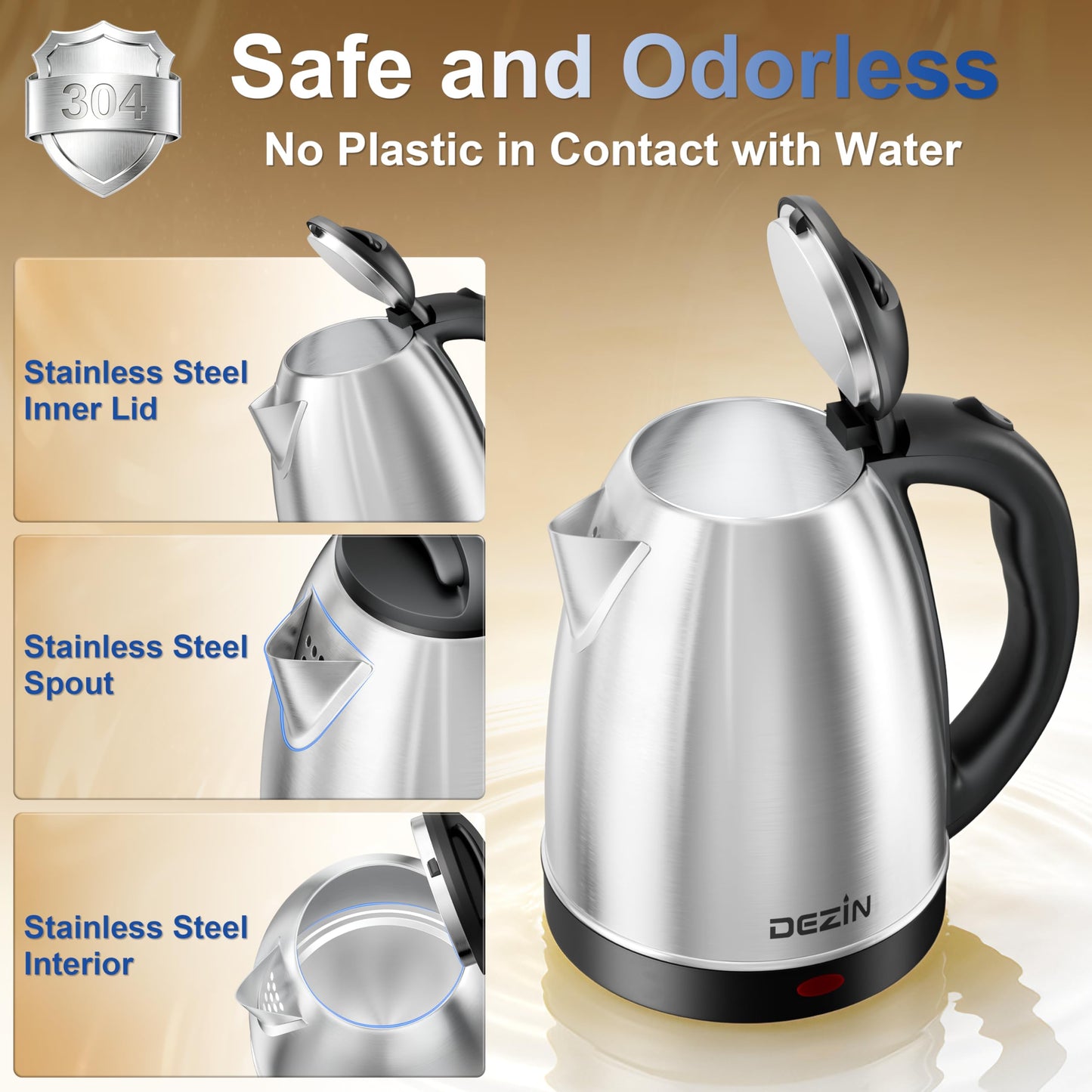 DEZIN Electric Kettle Upgraded, BPA Free 2L Stainless Steel Tea Kettle, Fast Boil Water Warmer with Auto Shut Off and Boil Dry Protection Tech for Coffee, Tea, Beverages