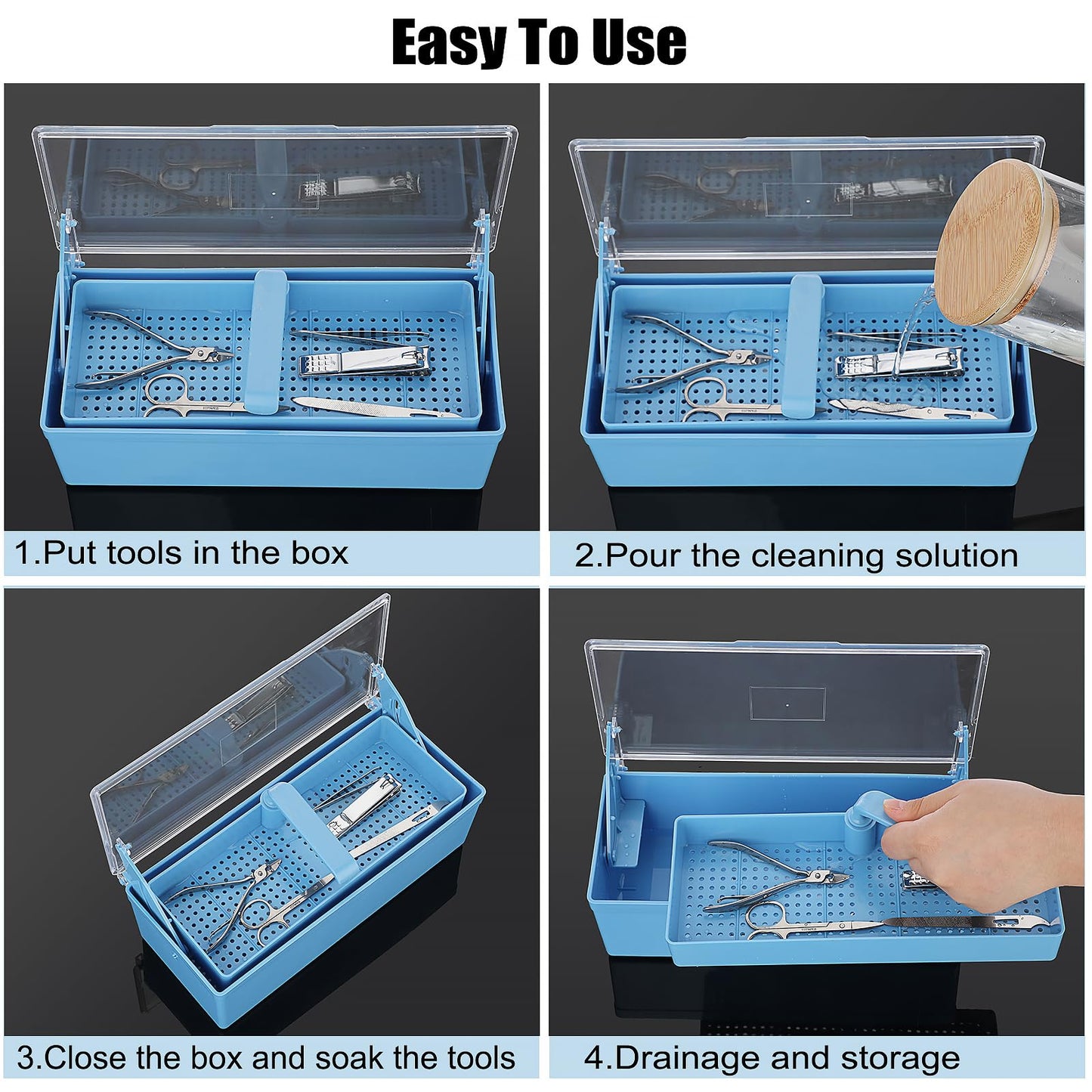 JUXYES Plastic Sterilizing Tray for Nail Art Accessories Tools, Portable Nail Art Tool Sterilizer Tray with Strainer, Storage Box Tool Box for Tweezer Manicure Tools Pedicure Tool