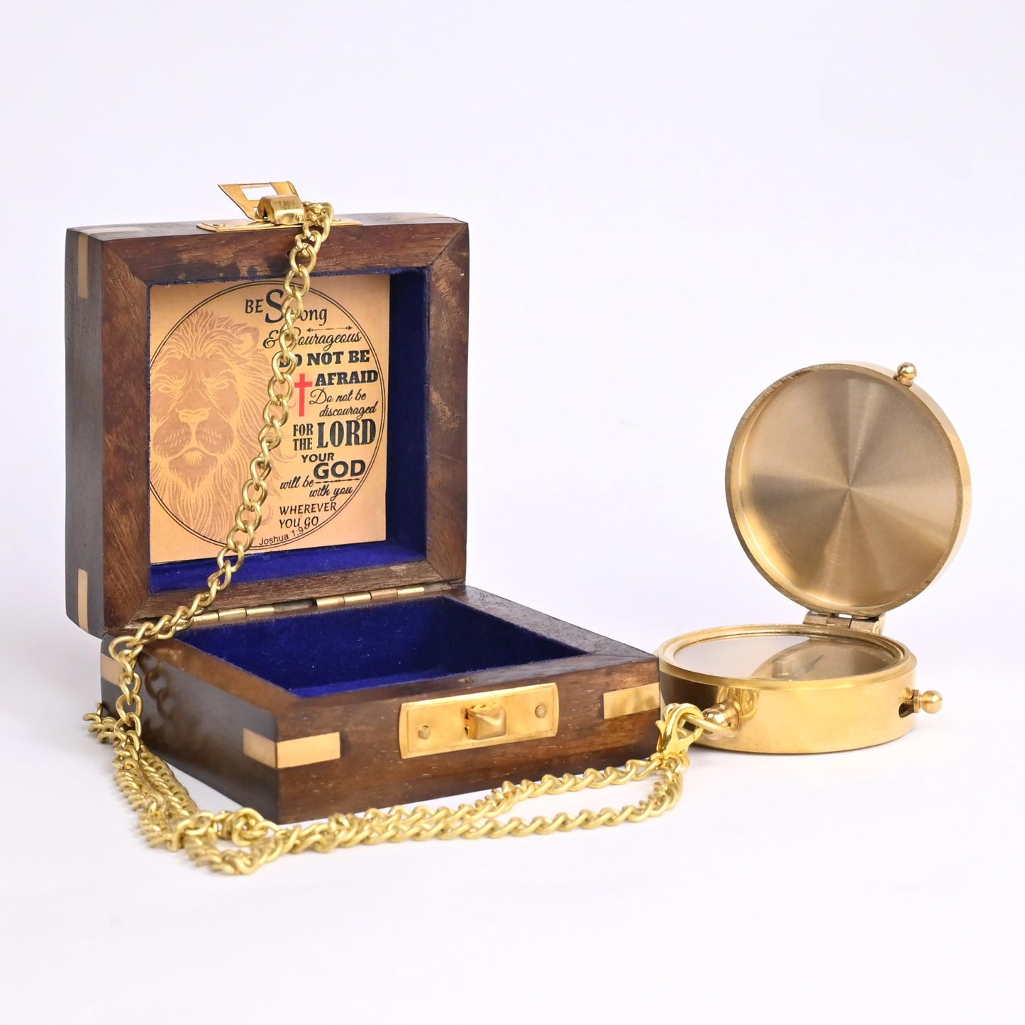 The New Antique Store - Brass Compass Engraved with Religious Scripture Verse (Joshua 1:9) - Perfect for Baptism, Confirmation, Communion - Ideal for Godson, Church, Graduation - Presented in Wood Box