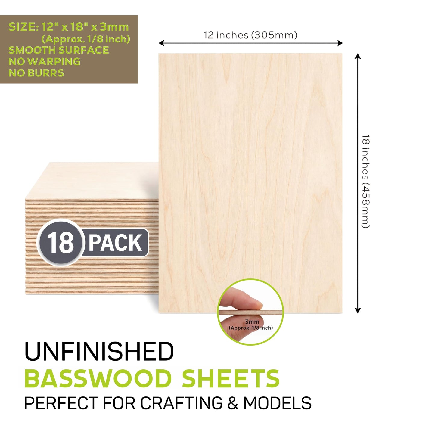 Baccraniate Basswood Sheets for Crafts,18 Pack 12"x18"x1/8" Unfinished Wood Sheets Smooth 3mm Basswood for Laser Cutting,Engraving,Wood Burning,Painting,Model Making,DIY Projects