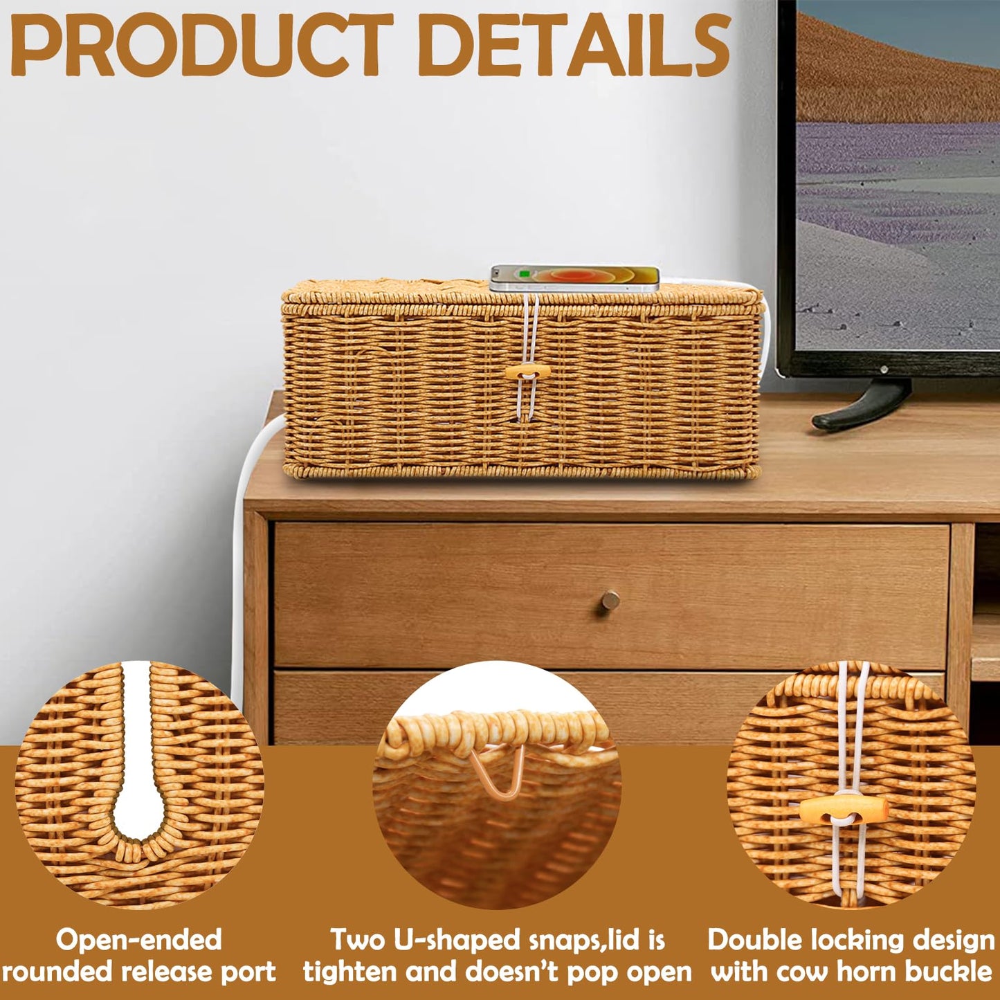 2PCS Cable Management Box, Handmade Rattan Cable Organizer, Open Slots Cords Hider Box Cord Basket Under Desk Cord Organizer for Computer Router USB Hub & Power Strip
