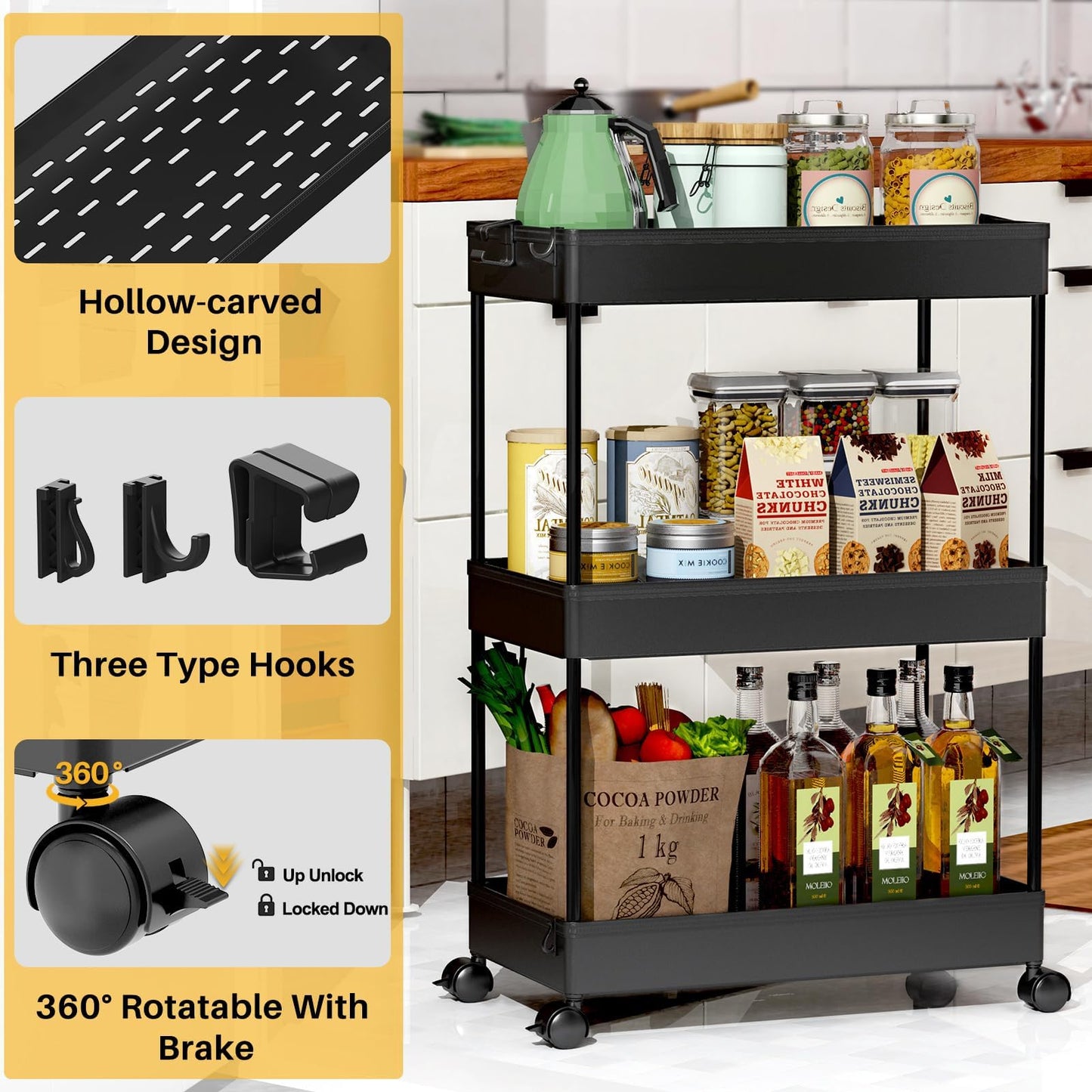SPACELEAD 3 Tier Rolling Cart with Wheels, Storage Craft Art Trolley Organizer Serving, 3 Hanging Baskets Easy Assembly, for Office, Bathroom，Living Room, Kitchen, Black