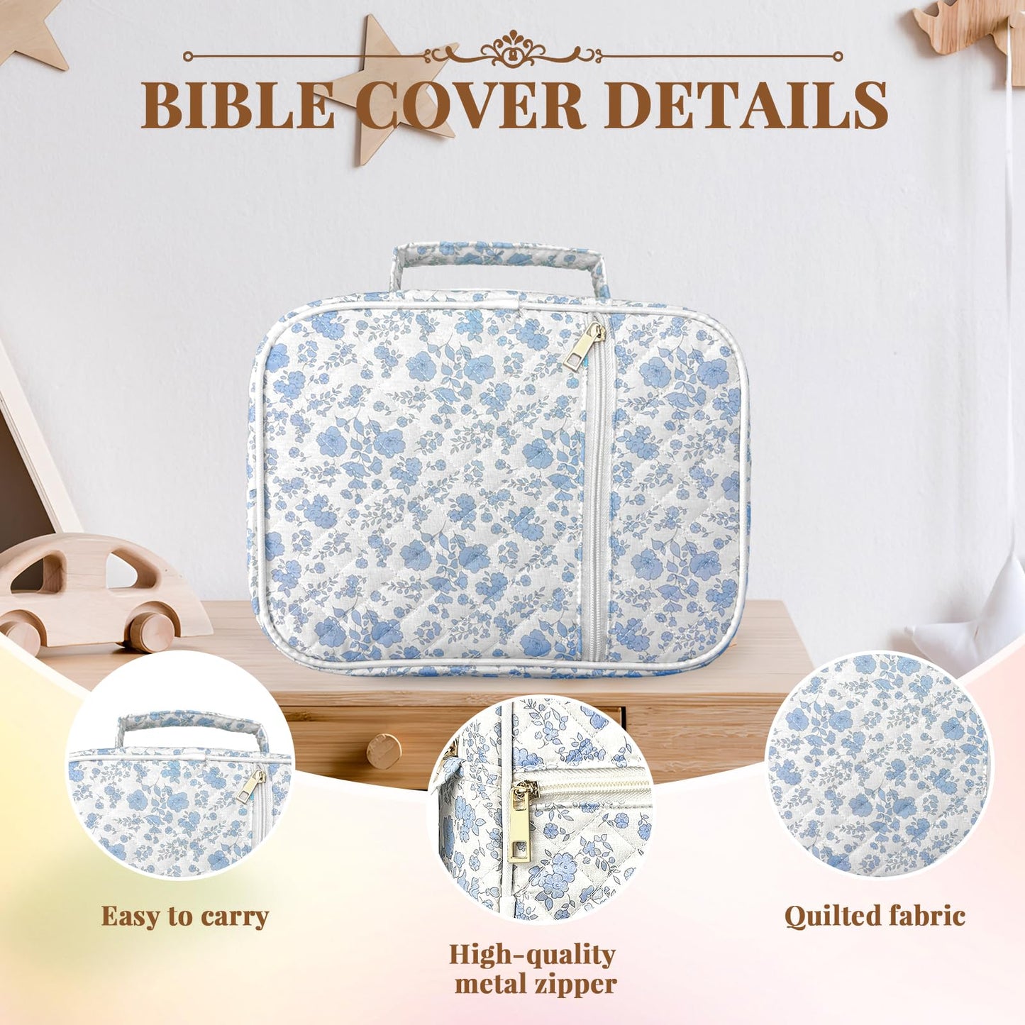 Szcxyy Bible Cover Case for Women,Bible Study Supplies Accessories,Bible Journaling Kit,Blue Flower Carrying Case with Highlighters