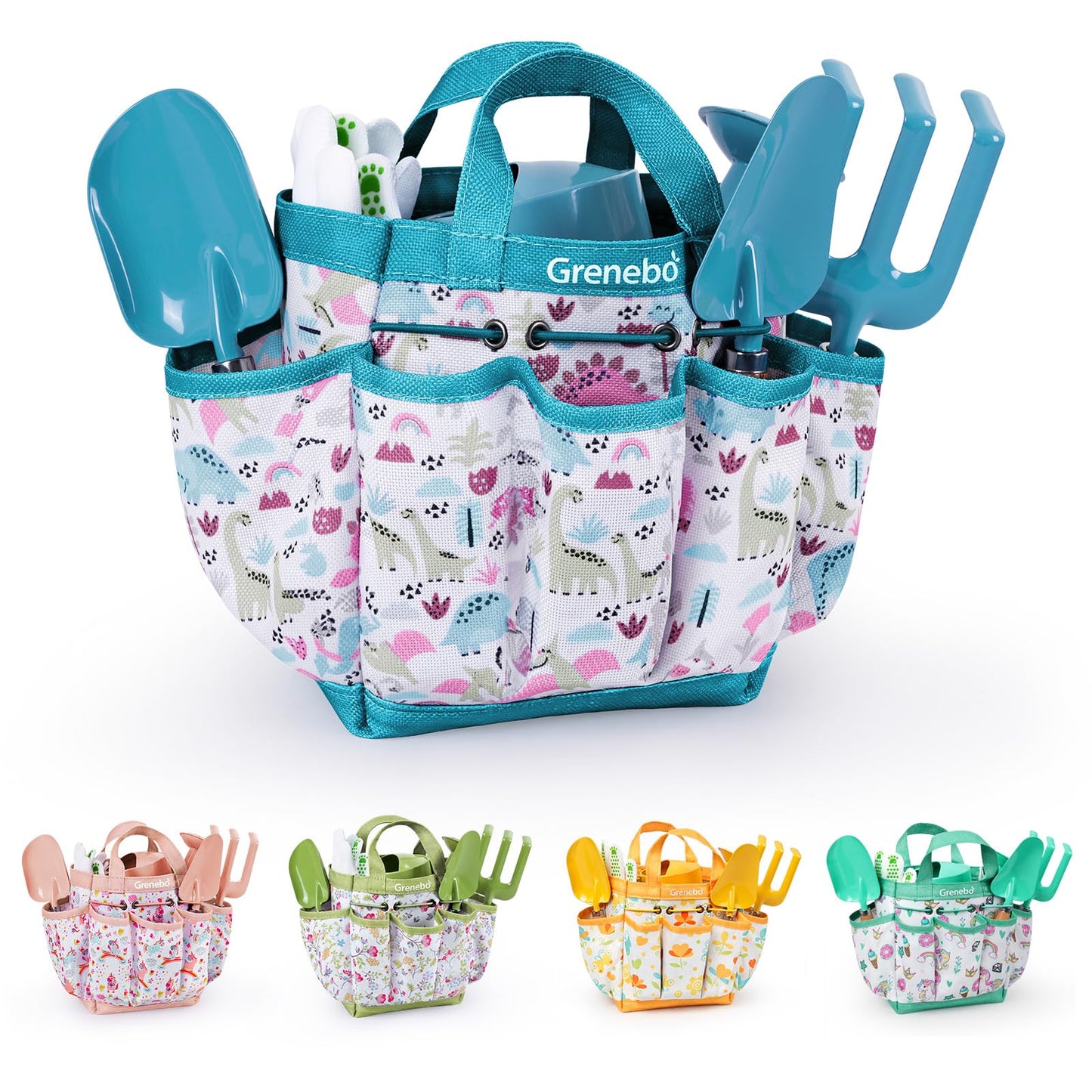 Grenebo Kids Gardening Set Toys, Quality Garden Tool Kit for Kids and Toddlers, Includes Two Shovels, Garden hat,Rake, Apron,Gloves, Watering Can, and Tool Bag (Blue)