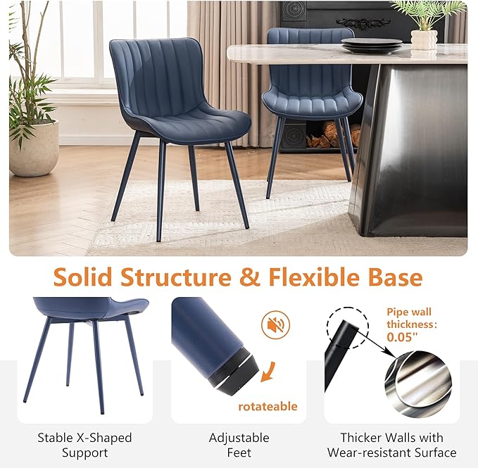 YOUNUOKE Mid-Century Modern Dining Chairs Set of 2, Navy Blue PU Leather Upholstered Kitchen Chairs with Navy Blue Metal Legs, Armless Accent Chair for Dining Room, Guest Reception Room