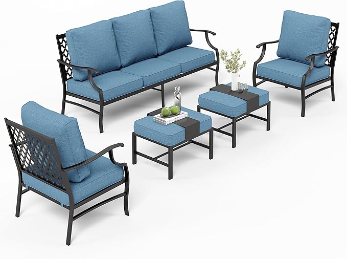 Patio Furniture Set 5 pcs, Outdoor Patio Furniture, 3-Seat Sofa, 2 Single Chairs, 2 Ottomans and 5.75" Extra Thick Cushion, Conversation Set for Backyard Deck,Navy Blue