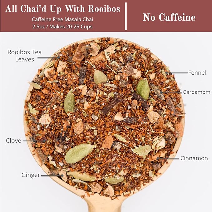 The Chai Box - All Chai'd Up Rooibos - Premium Traditional Chai Tea Decaffeinated - Caffeine Free Rooibos Leaves w/ginger, clove, cinnamon, cardamom, and fennel - 2.5oz