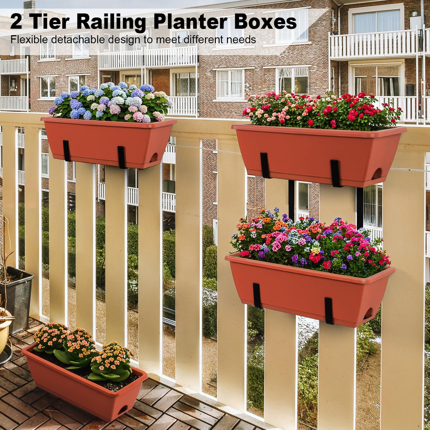 Railing Planter Box 4 Pack Window Boxes Planters 16.9 Inch Rectangular Planter with Adjustable Brackets 2 Tier Outdoor Balcony Hanging Planters Set of 2 for Railings Garden Porch Patio, Brick Red