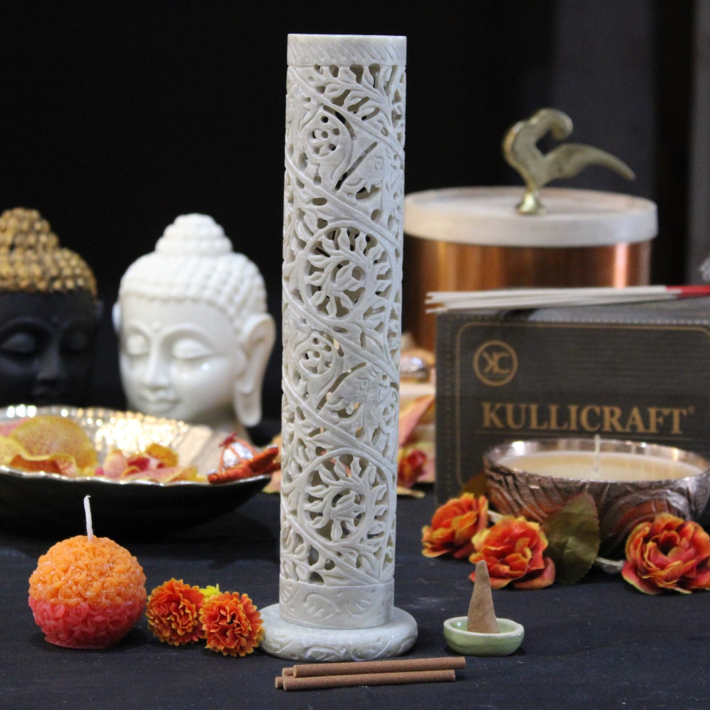 Carry Me Marble Soapstone Incense Stick Holder | Candle Burner | Tea Light Holder - Perfect Handmade Elephant Carving for Gifting. Decorative Home and Office Decor.(3 x 3 x 10.5 Inches)