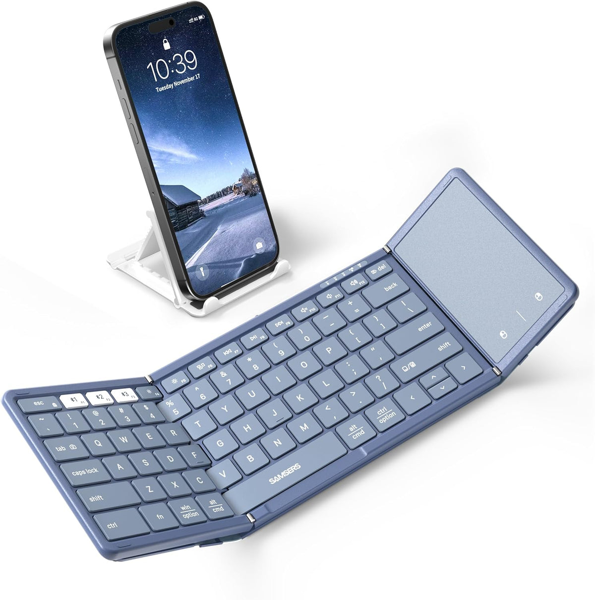 Samsers Foldable Bluetooth Keyboard with Touchpad, Full-Size Wireless Folding Keyboard with PU Leather, Portable Travel Keyboards for iOS Android Windows Mac OS, Support 3 Devices (BT5.1 x 3), Blue