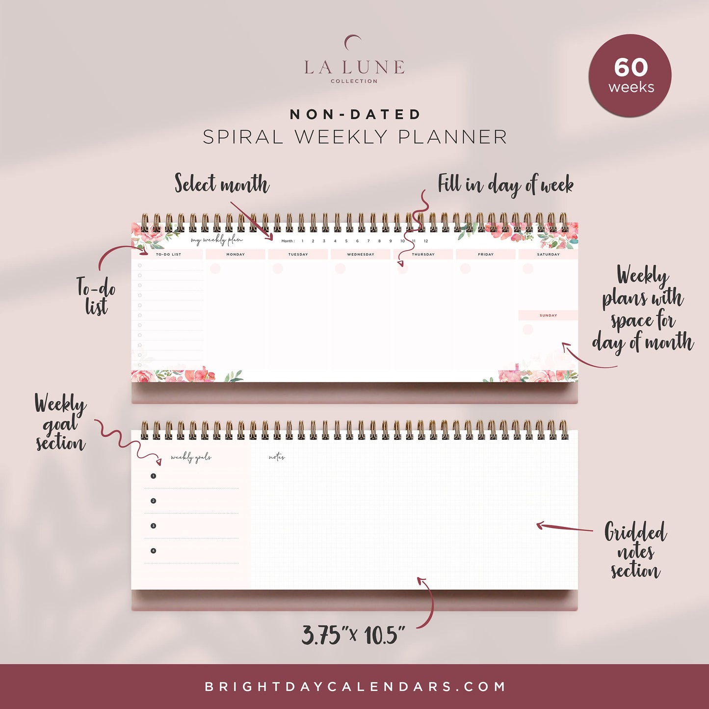 Belle Fleur Non-Dated Spiral Weekly Desk Calendar Planner, 60 Week Inspirational to Do List Pad Desktop Stand, 3.75" x 10.5", La Lune Collection by Bright Day