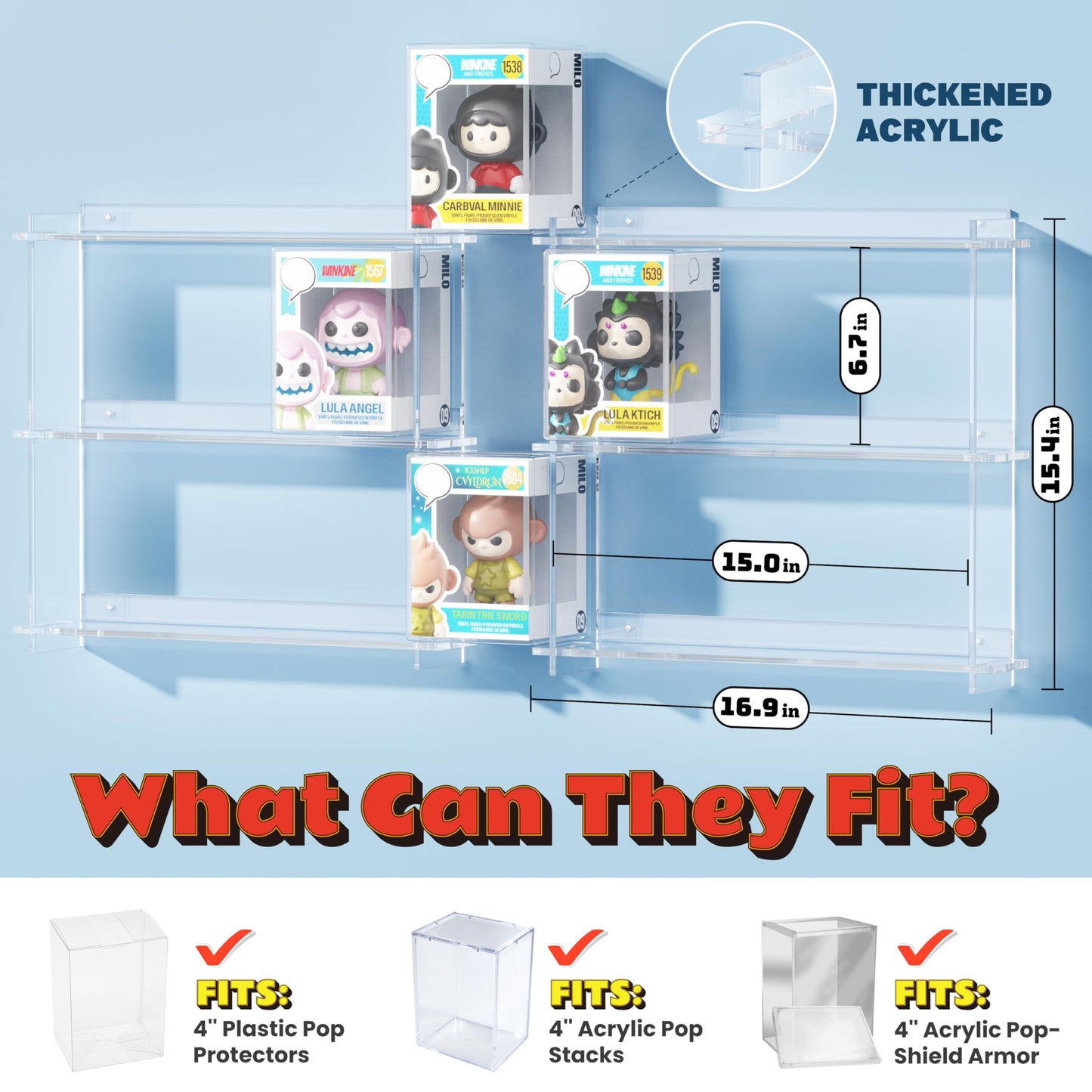 WINKINE Floating Display Shelves Compatible with 21 Funko Pop in Box, Acrylic Shelves for Wall, Clear Figures Display Case for Boxed Characters, Stackable Collectibles Figure Stand, 2 Pack (Clear)