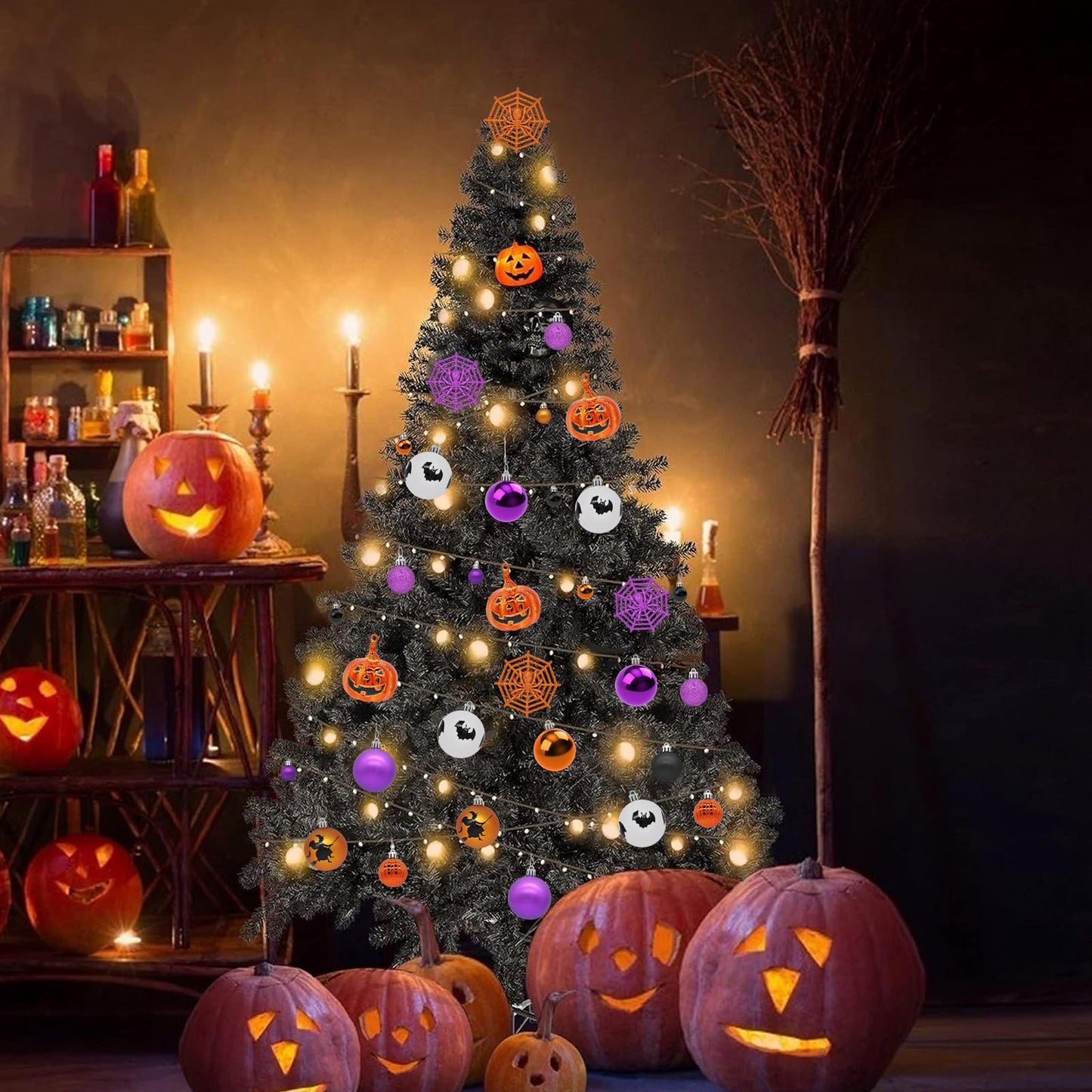 61PCS Halloween Tree Ornaments Ball Hanging Decorations Pumpkin Bat Witches Spider Halloween Decor Home Decor Indoor for Party Holiday
