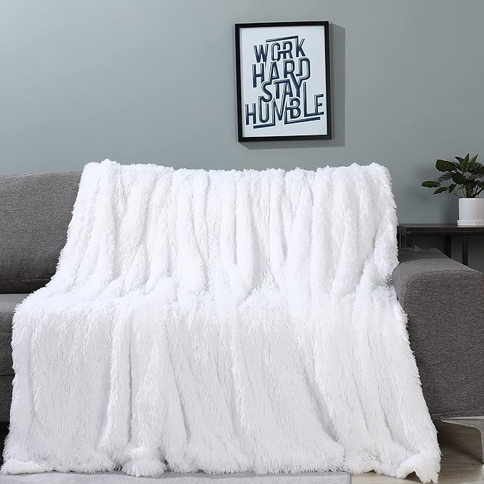 Tuddrom Decorative Extra Soft Faux Fur Blanket Queen Size 80"x90",Solid Reversible Fuzzy Fluffy Plush Fur Blanket for Couch Sofa Bed,Pure White