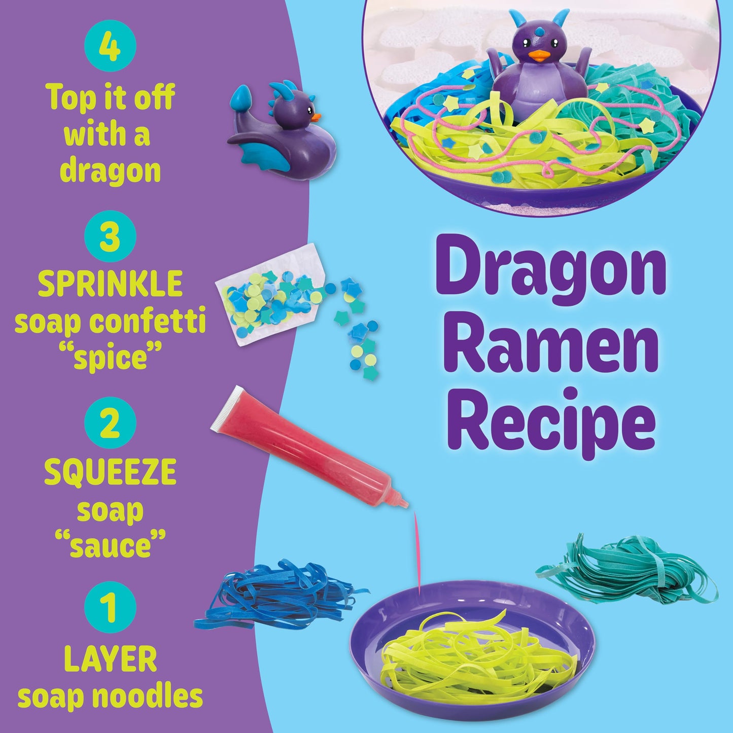 Creativity for Kids Soap Noodles Dragon’s Dinner Bath Set | Sensory Bath Toys for Kids | Mix, Layer & Play with Colorful Soap Noodles, Foamy Soap Sauce & Confetti (Ages 3+)