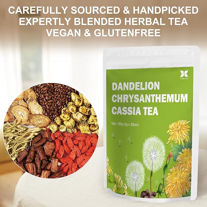 Dandelion Chrysanthemum Cassia Seed Herbal Tea Bag, with Burdock Root, Honesuckle, Goji Berries Liver Cleanse and Detox Tea 30 Count
