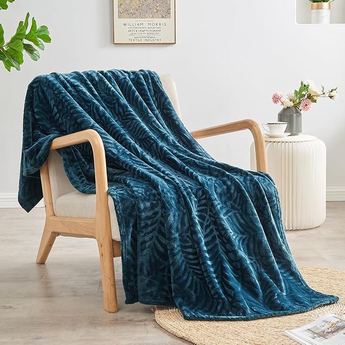 SOCHOW Super Soft Flannel Fleece Throw Blanket, Lightweight Cozy Warm Leaves Textured Plush Blanket for Bed Couch Sofa, 60 x 80 Inches, Blue Coral