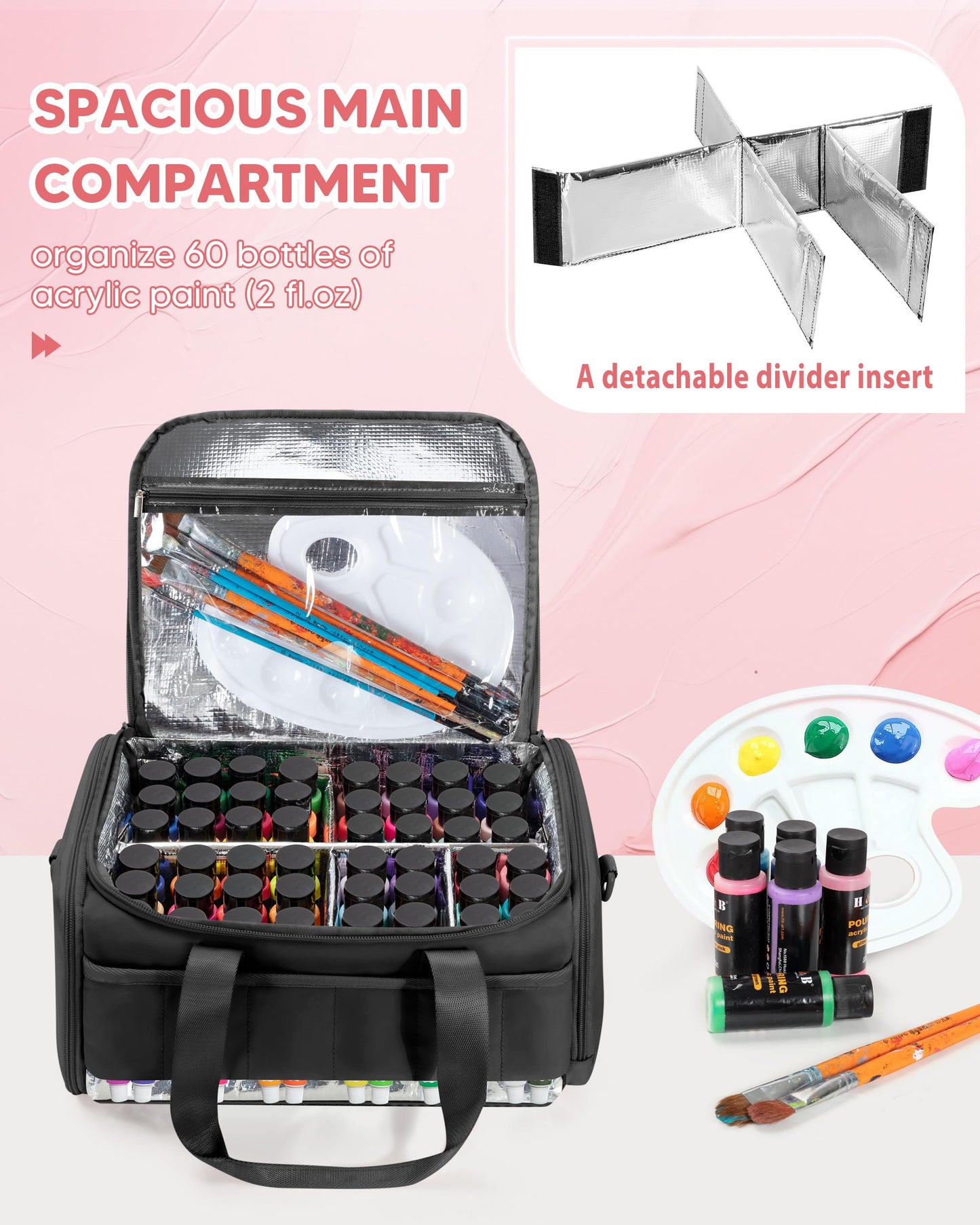Marscamd Acrylic Paint Organizer Holds 60 Bottles (2 oz), Acrylic Paint Storage Bag with Tools Storage Sections and Crossbody Strap, Black