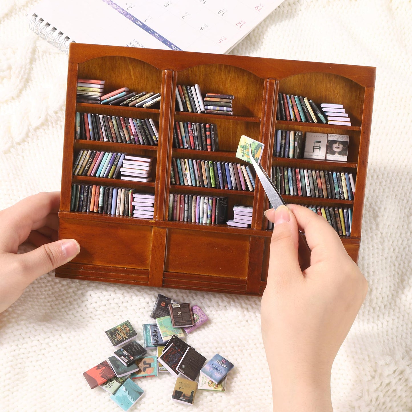 DIYDEC Mini Bookshelf with 240pcs Mini Books Sofa Desk Plant Miniature Anxiety Bookshelf Ornament Tiny Small Library Decor Shake Away Your Anxiety for Book Lovers Gift Home Room Office