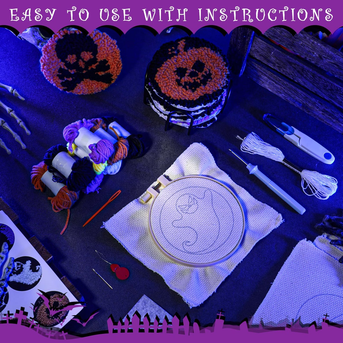 Yaomiao 6 Pcs Halloween Punch Needle Coaster Kit Punch Needle Embroidery Kits Craft Supplies with Patterns Yarns Tools Adhesive Felt Embroidery Hoop Instruction Holder for Adult DIY