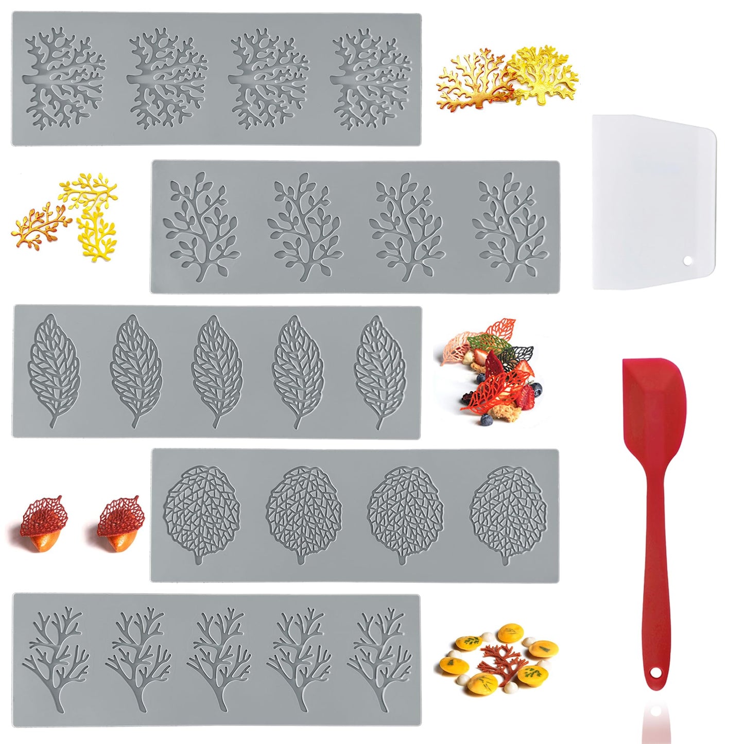 7Pcs Leaf Silicone Fondant Molds with Dough Scraper Silicone Spatula, 3D Coral Branch Leaf Chocolate Molds, DIY Baking, Sugar Craft, Wax, Gum Paste, Cupcakes, Clay