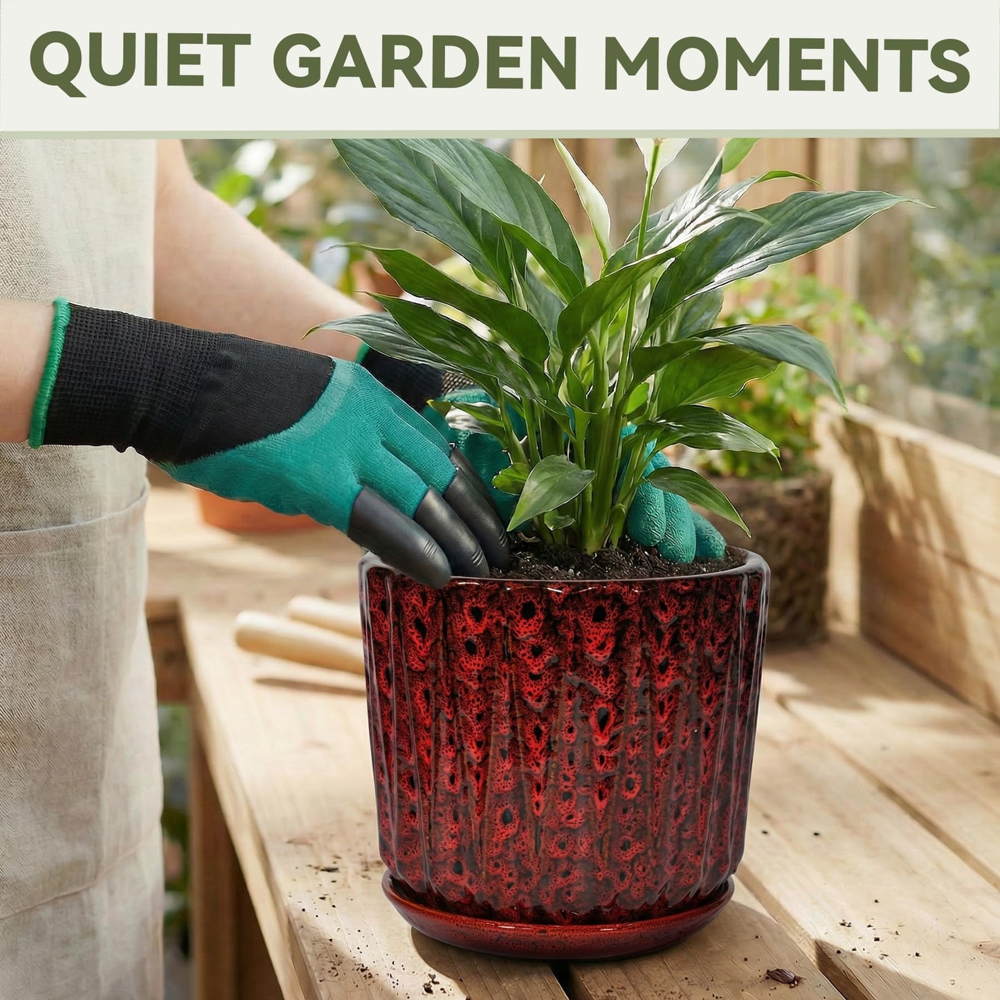 TOSELBAI 7.5 Inch Ceramic Planter Pot with Saucer Drainage Leak-Proof Mesh,Flower Pots for Indoor Plants with Gardening Gloves,Ceramic Planter(Spotted Red)