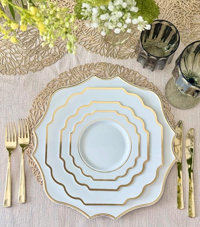 OCCASIONS 40 Piece Heavy Duty Disposable Plastic Charger Plates 13.25" for Party, Wedding, Elegant Dinner, BPA-Free, Premium Tableware – Scalloped Imperial White & Gold