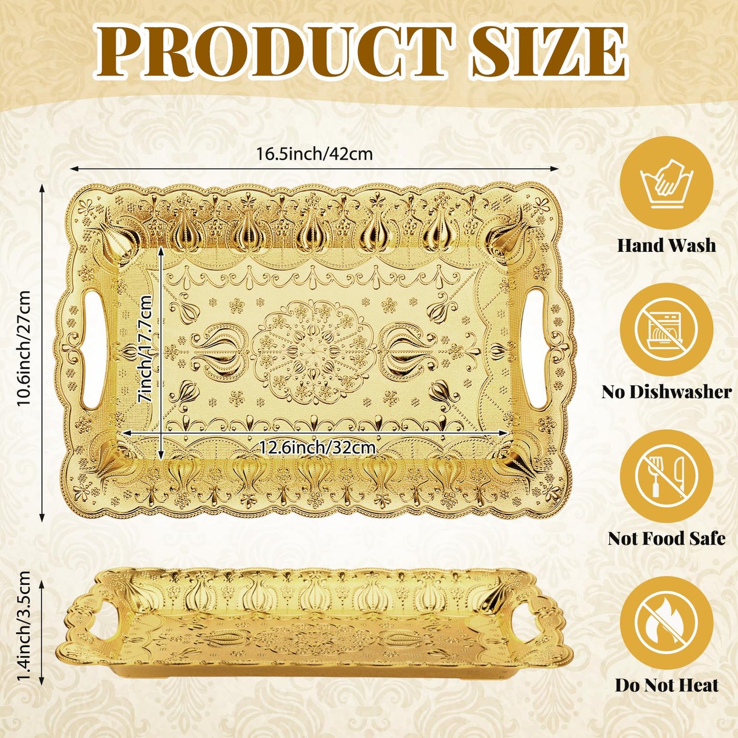 LemonRoad 6 Packs Plastic Gold Serving Trays with Handles 17 x 11 inch Retro 3D Embossed Rectangle Reusable Party Snack Decorative Serving Trays for Tea Coffee Fruit Dessert