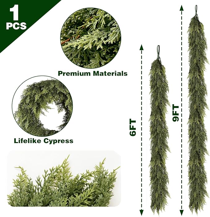 9FT Christmas Garland Cedar Garland Real Touch Faux Greenery Cypress Garlands for Mantle,Table,Wall,Christmas Decorations Indoor Outdoor