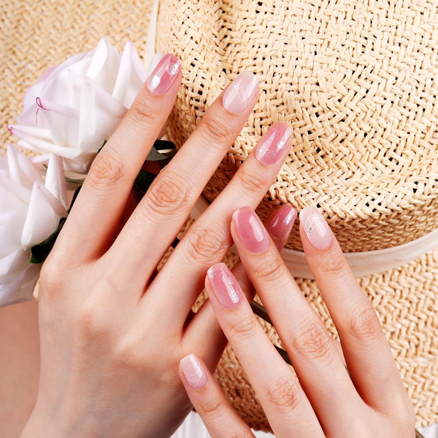 DANNI & TONI Semi Cured Gel Nail Strips Floral (Petal Kiss) Pink White Ombre Gel Nail Wraps 28 Stickers