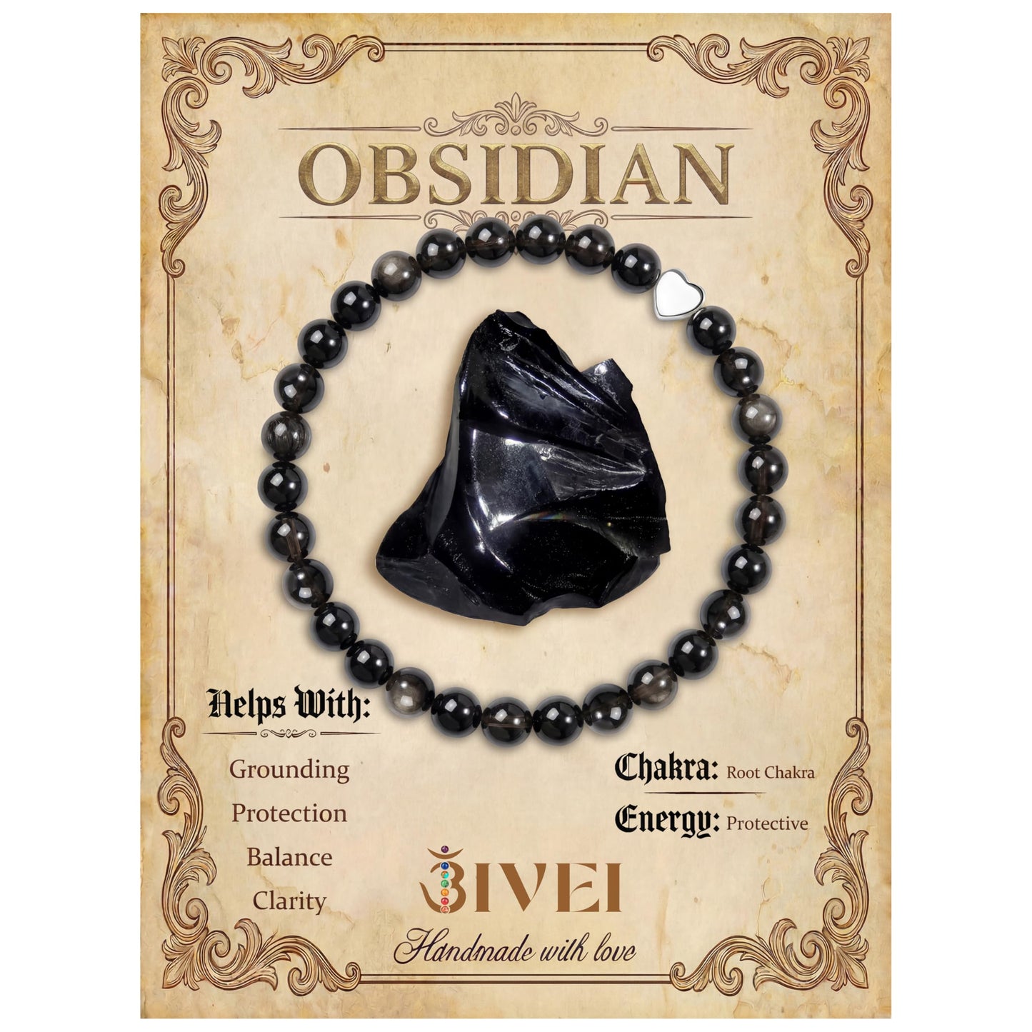Bivei 6mm Obsidian Crystal Stretch Bracelets for Women, Handmade Natural Stone Beaded Bracelet, Yoga Protection Jewelry Gift