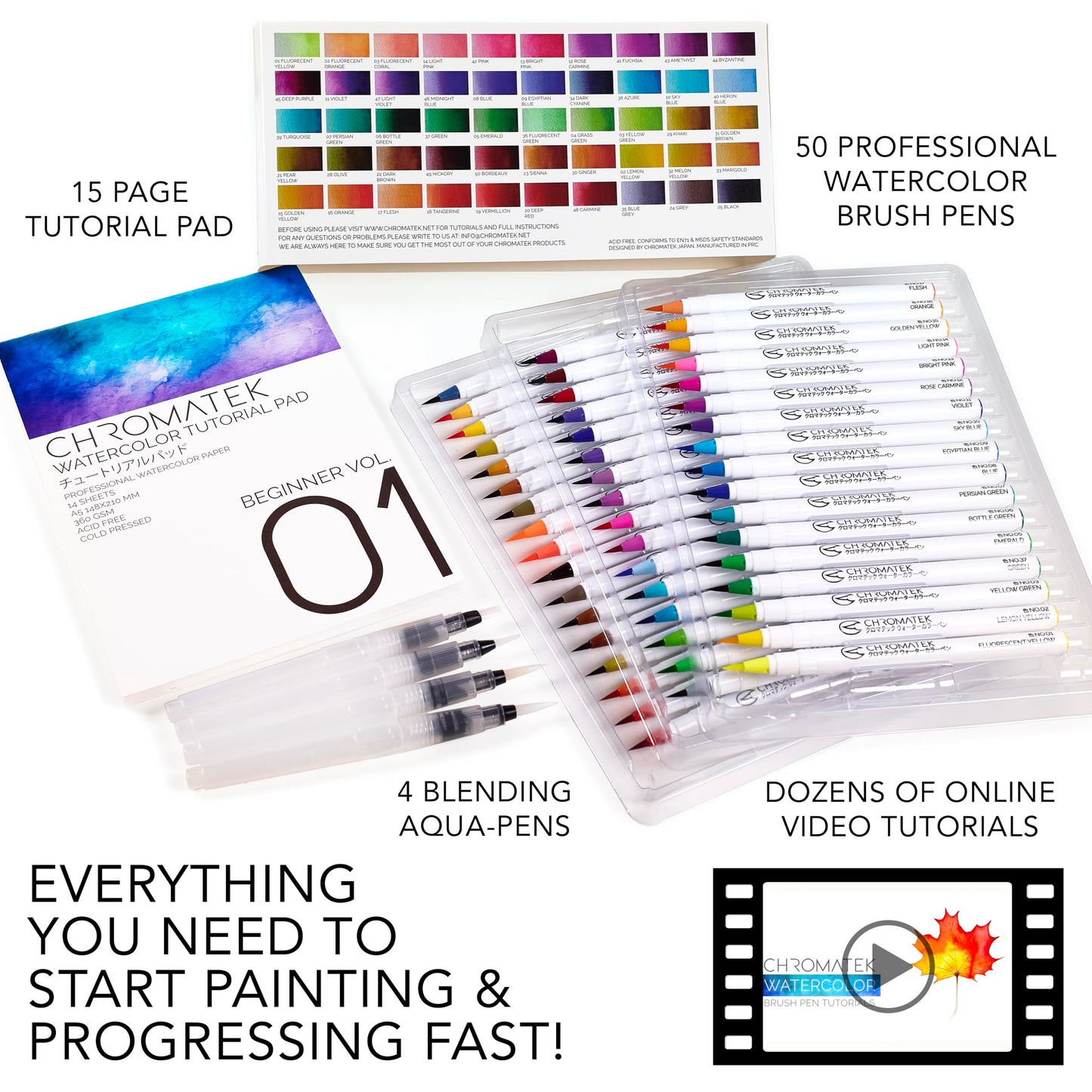 CHROMATEK 54 Watercolor Pens Set | Including 15 Page Pad & Online Video Tutorial Series | 4 Aquapens & 50 Unique Colors | Brush Pens | Easily Blendable, Vivid, Smooth | Professional Art Supplies