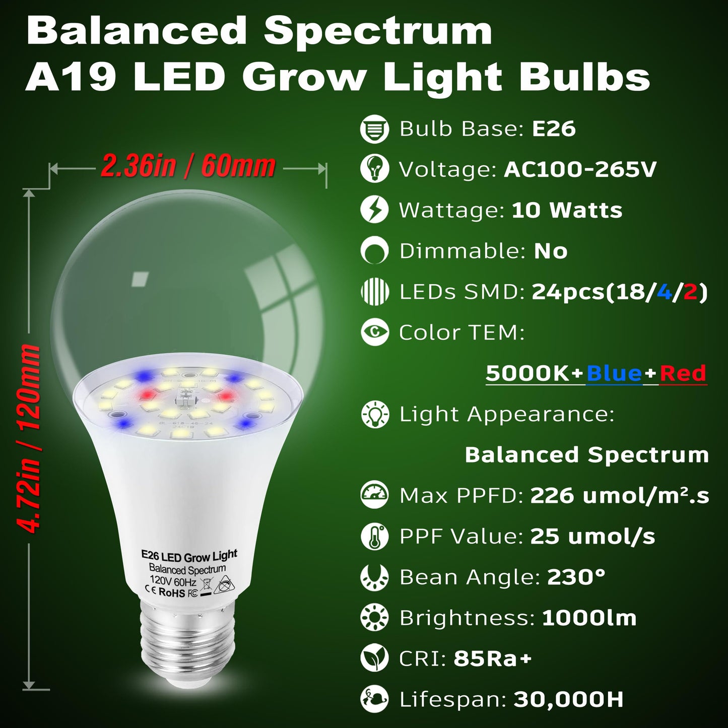 E26 A19 LED Plant Grow Light Bulbs Indoor Plants Full Spectrum,LED Sun Light Bulbs Plant Growing 100W Equivalent with Balanced Spectrum 5000K Red Blue Yellow for Seeds Greens Flower Fruit Garden,6Pack