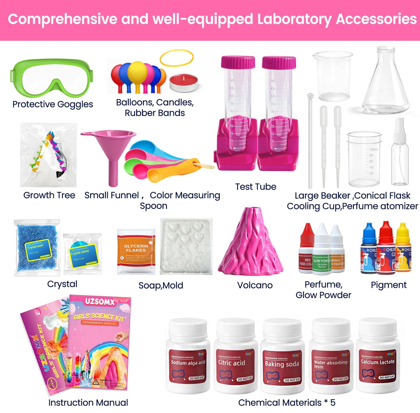UZSOMX Girls Science Kit for Kids 8-12, 250+ Science Experiments Stem Toy Learning & Educational Projects with Chemistry Set, Crystal Growing, Volcano Science Kit