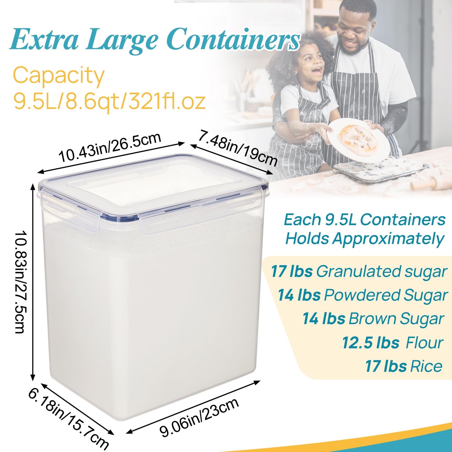 Vtopmart 9.5L 2 Pack Extra Large Flour Sugar Storage Containers for 25lbs flour, Airtight Kitchen Pantry Organization Canisters with Lids for Bulk food, Rice, Baking Supplies, BPA Free, Black