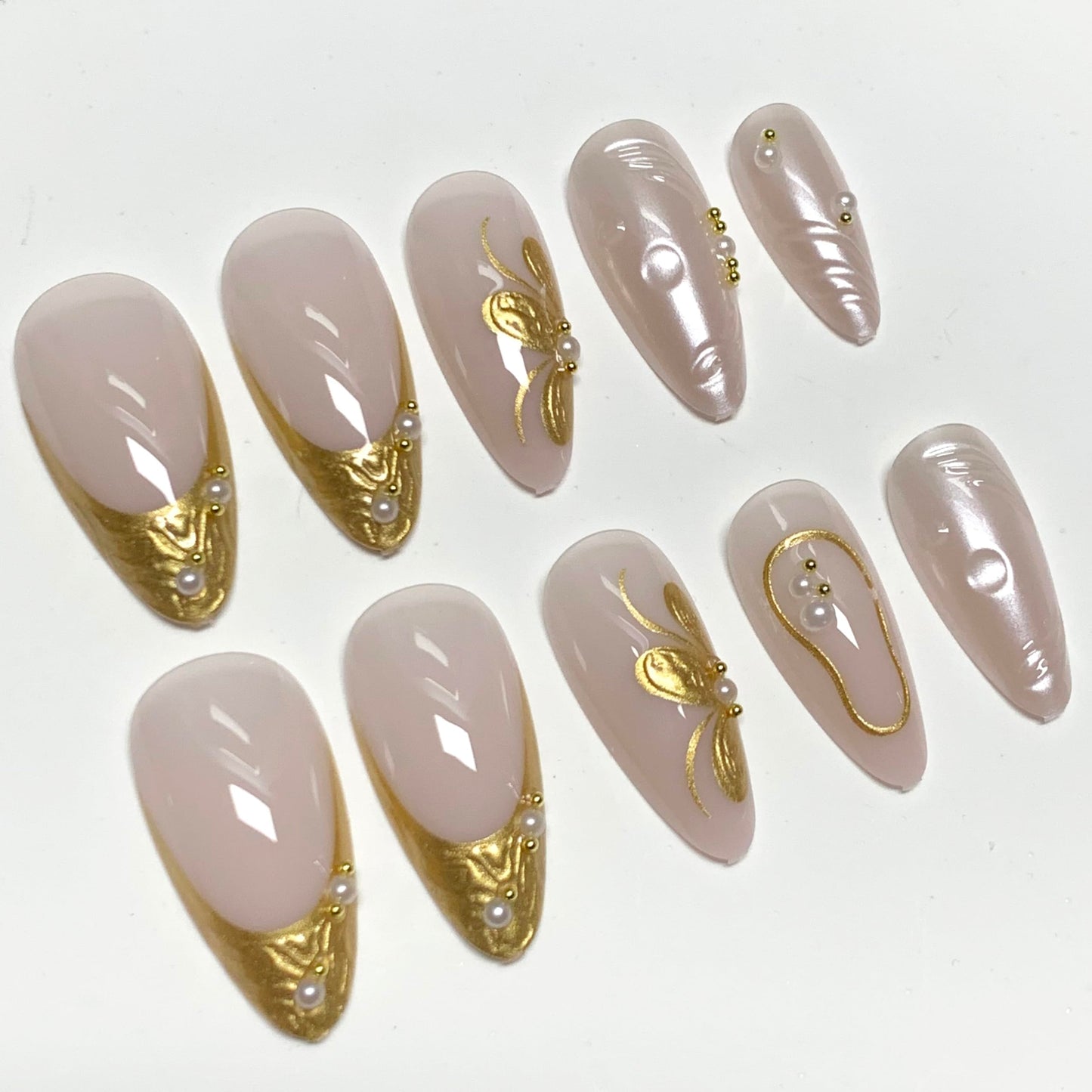 BABALAL Press On Nails, Medium Almond Fake Nails, White Full Cover,Gold Chrome 3d Flower Design, Pearl Swirl, Luxury Glossy Glue On Nails 24Pcs Reusable