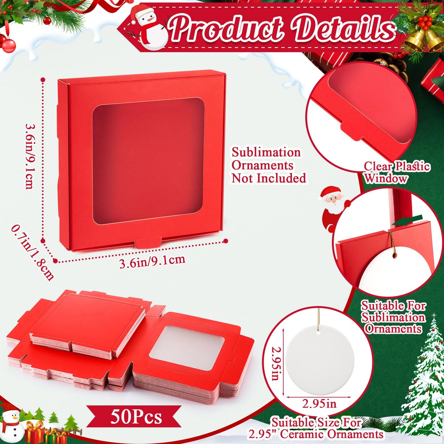 Dunzoom 50 Pcs Sublimation Ornament Blanks Gift Box 3.6"x3.6"x0.7" Christmas Ornaments Holder Ceramic Discs Packaging Box with Window for Personalized Xmas Tree Blanks Bulk (Red)