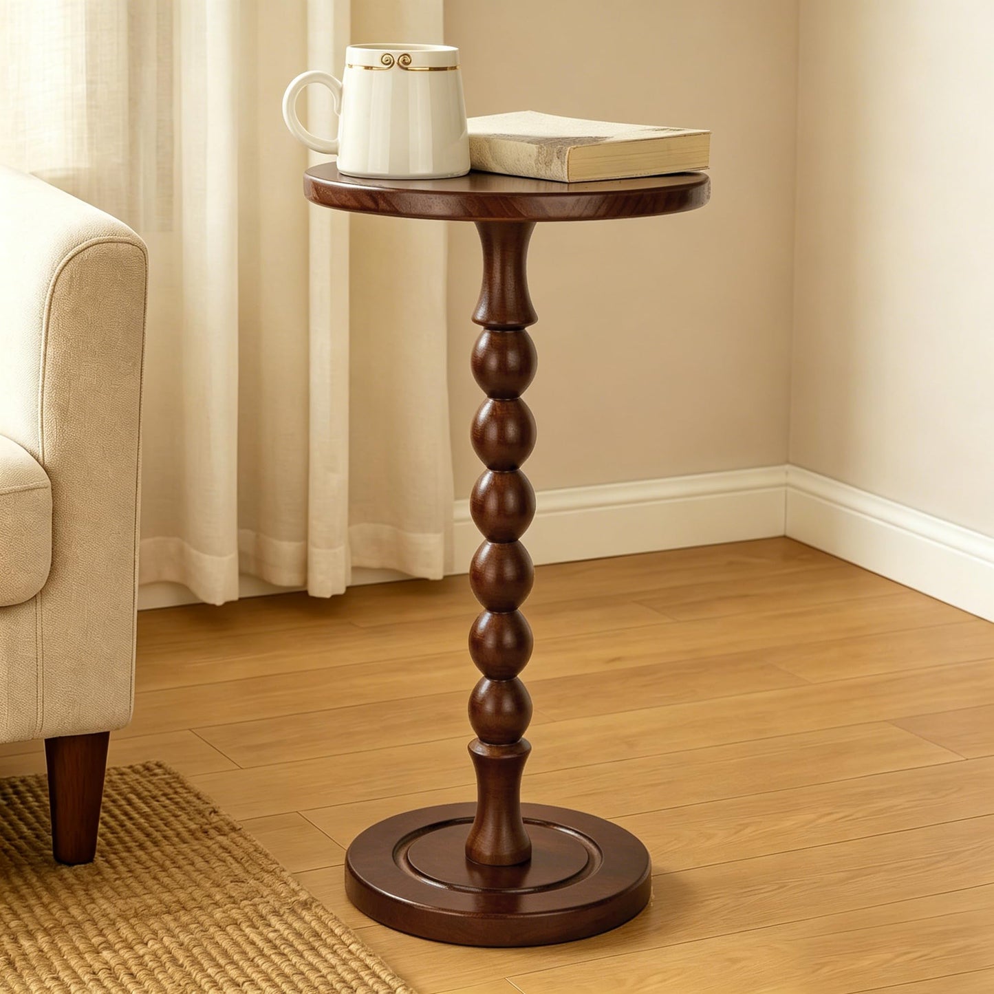 Lampaggio Round Side Table for Small Spaces, Drink Table with Oak Wood Pedestal, Modern End Table Nightstand for Living Room, Bedroom, Office, and Corners, Tool-Free Assembly, Brown