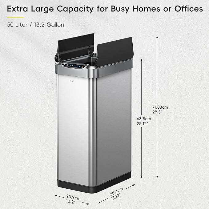 EKO Phantom-T 50 Liter / 13.2 Gallon Vertical Motion Sensor Trash Can, Brushed Stainless Steel Finish