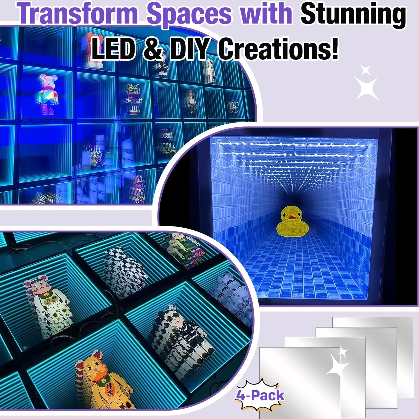 4 Pcs 12 x 12 Inch Acrylic Two Way Mirror Sheets, 30% Transparent See Through Panels for Infinity Mirror Effect, DIY Art and Creative Light Projects
