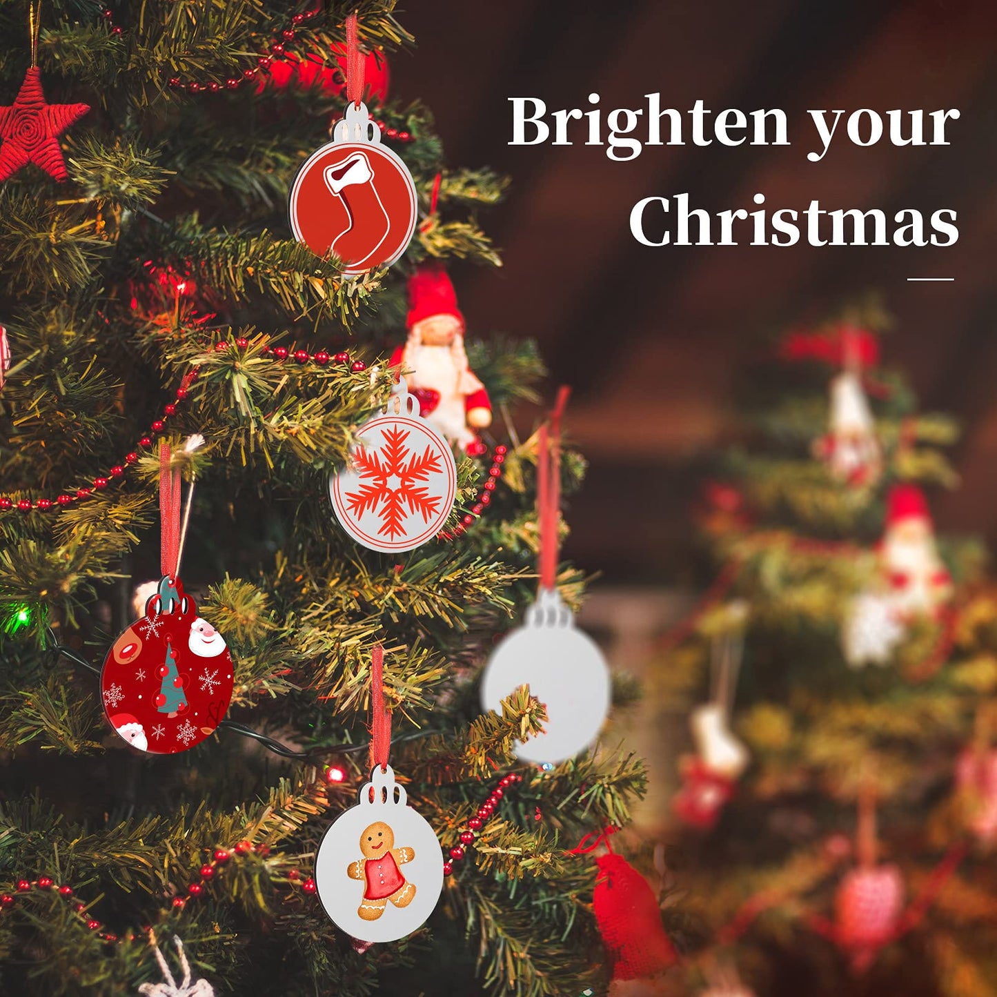Jetec Christmas Sublimation Blank Pendants Double Side MDF Personalized Heat Transfer Blank Hanging Pendant White Sublimation Ornament with Red Ribbon for DIY(36 Pcs,3.5 x 2.9 x 0.1 Inch)