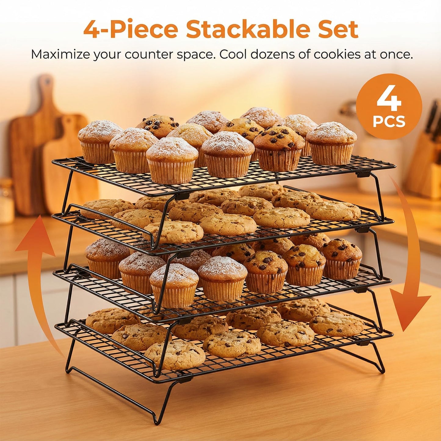 Ckhoid 4 Pcs Cooling Racks for Cooking and Baking, 13.4 x 9.4 Inch Carbon Steel Cookie Cooling Racks, Stackable Baking Rack for Oven Cooking Cooling Roasting Making Jerky (Black)