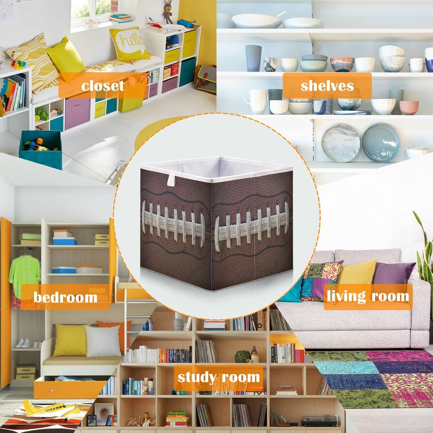 Ollabaky American Football Laces Foldable Fabric Storage Cube Basket Cloth Organizer Box with Handle for Closet Shelves, Nursery Toy Bin