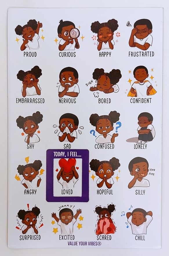 Daily Vibe Check Magnet - Black Feelings & Emotions Chart - 8.5” x 5.5” - Two-Piece Magnet Set (Child)